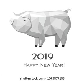 2019 Happy New Year greeting card. Celebration white background with  Pig and place for your text. 2019 Chinese New Year of the pig.  Vector Illustration