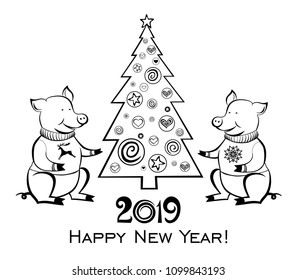 2019 Happy New Year. Greeting card. Celebration white background with pig, Christmas tree and place for your text.  Coloring book for children. Vector illustration.