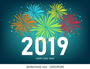 2019 Happy New Year greeting card on blue background with colorful fireworks. Vector design template.