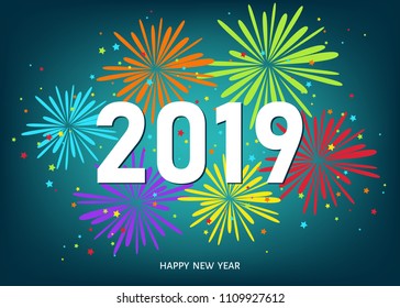2019 Happy New Year greeting card on blue background with colorful fireworks. Vector decoration.