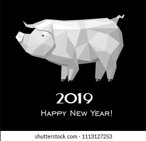 2019 Happy New Year greeting card. Celebration black background with Pig and place for your text. 2019 Chinese New Year of the pig. Vector Illustration