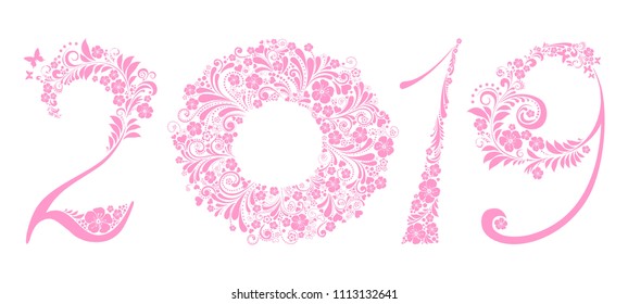 2019 Happy New Year greeting card. Celebration background with pink flower and place for your text. Vector Illustration