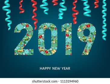 2019 Happy New Year greeting card on blue background with gold  deer, gift boxes and  snowflakes. Colorful ornament. Vector decoration.