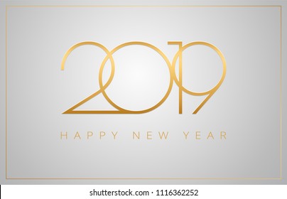 2019 Happy New Year greeting card - golden numbers on a silver background - vector 2019 New Year celebration background