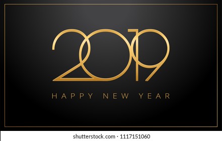 2019 Happy New Year greeting card gold and black background - vector illustration