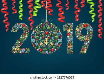 2019  Happy New Year greeting card on blue background with gold reindeer, red serpentine and  Xmas ball. Colorful ornament. Vector decoration.