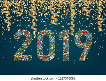 2019  Happy New Year greeting card on blue background with gold reindeer, serpentine, gift boxes and  snowflakes. Colorful ornament. Vector decoration.