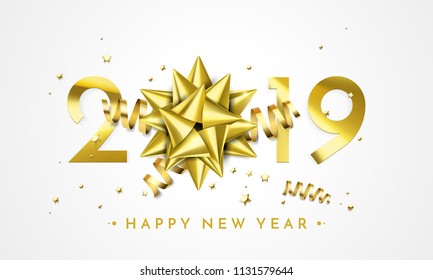 2019 Happy New Year greeting card of golden gift bow decoration. Vector sparkling glitter stars confetti for Christmas holiday celebration on black premium background