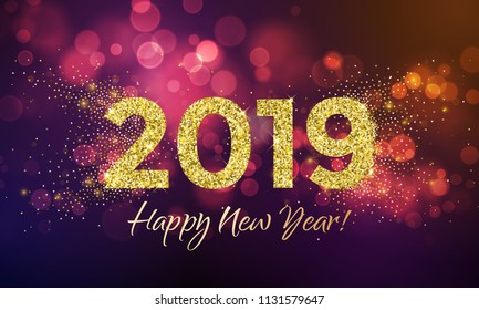 2019 Happy New Year greeting card of golden stars glitter confetti for Christmas holiday celebration on vector pink bokeh light background
