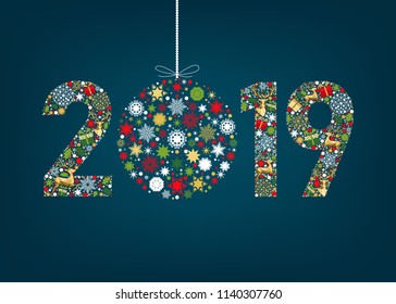 2019  Happy New Year greeting card on blue background with gold reindeer, gift boxes and  snowflakes. Colorful ornament. Vector decoration.