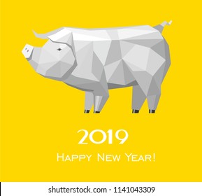 2019 Happy New Year greeting card. Celebration yellow background with Pig and place for your text. 2019 Chinese New Year of the pig. Vector Illustration