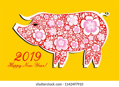 2019 Happy New Year. Greeting card. Celebration yellow background with red pig. Gold, red and pink collors place for your text. Vector Illustration