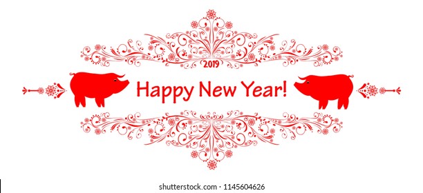 2019 Happy New Year greeting card. Celebration white background with red pigs, flowers and place for your text. Vector Illustration
