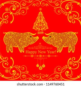 2019 Happy New Year greeting card. Celebration red background with pigs, Christmas tree, snowflakes, balls and place for your text. Vector Illustration
