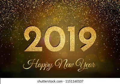 2019 Happy New Year. New Year 2019 greeting card. Background with golden numbers and glitter. Vector illustration.