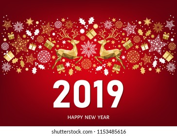 2019 Happy New Year greeting card on red background with golden Christmas pattern with Xmas deer and snowflakes. Vector template.