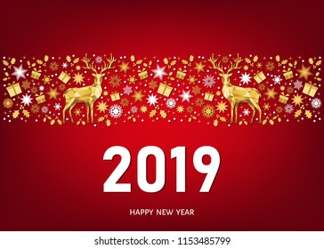 2019 Happy New Year greeting card on red background with golden Christmas pattern with Xmas deer and snowflakes. Vector template.