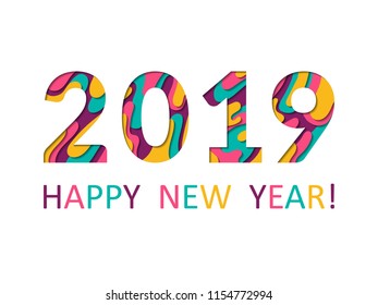 2019 Happy New Year greeting card with fluid paper cut shapes background. Pink blue yellow carving art. 2019 calligraphic numbers cut of origami paper, Happy New Year text. Papercut vector design