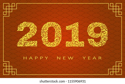 2019 Happy New Year greeting card.year of the pig. Chinese New Year. with hand drawn doodles.for banners, posters, flyers.Vector illustration