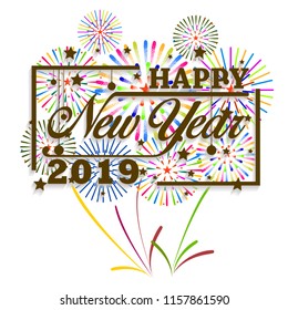 2019 Happy New Year greeting card with colorful fireworks. Vector design template.