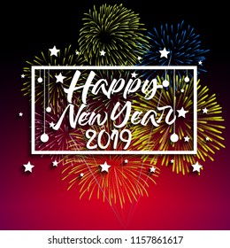 2019 Happy New Year greeting card with colorful fireworks. Vector design template.
