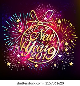2019 Happy New Year greeting card with colorful fireworks. Vector design template.