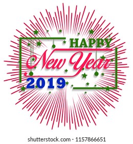 2019 Happy New Year greeting card with colorful fireworks. Vector design template.