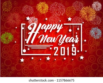 2019 Happy New Year greeting card with colorful fireworks. Vector design template.