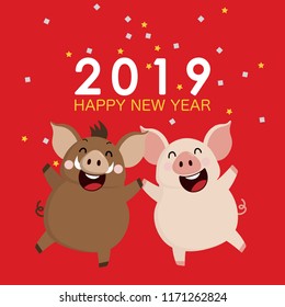 2019 Happy new year greeting card. Cute pig and boar in a party vector. Christmas holidays cartoon character.