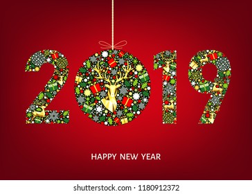 2019  Happy New Year greeting card on red  background with Christmas ball with  gold reindeer, gift boxes and  snowflakes. Colorful ornament. Vector decoration.