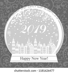 2019 Happy New Year greeting card. Snow globe with a town.  Vector illustration 