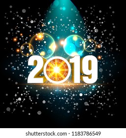 2019 Happy New Year greeting card. Vector design template.