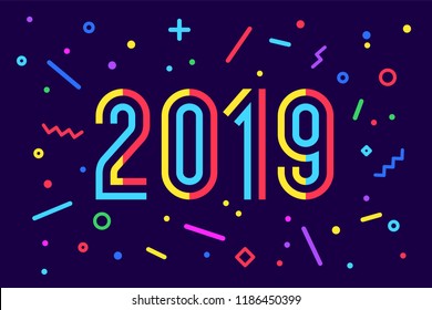 2019, Happy New Year. Greeting card with inscription Happy New Year 2019. Memphis geometric bright style for Happy New Year or Merry Christmas. Holiday background, banner, poster. Vector Illustration