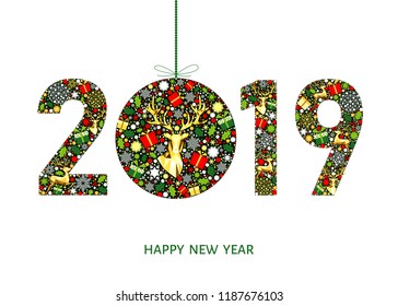 2019  Happy New Year greeting card on white background with Christmas ball with gold reindeer, gift boxes and  snowflakes. Colorful ornament. Vector decoration.

