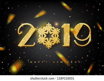 2019 Happy New Year Greeting Card with Gold Numbers on Black Background. Vector Illustration. Merry Christmas Flyer or Poster Design. Banner with 2019 Numbers on Bright Background. Vector.