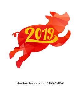 2019 Happy New Year Greeting With Funny Pig With polygonal colors. Vector