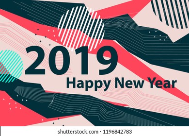 2019, Happy New Year. Greeting card with inscription Happy New Year 2019. Memphis geometric bright style for Happy New Year or Merry Christmas. Holiday background, banner, poster. Vector 