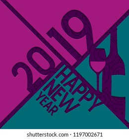 2019 Happy New Year greeting card. Numbers, bottle of Champagne and glass cutted from paper. Vector.