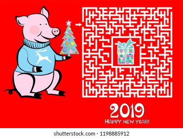 2019 Happy New Year greeting card or background. Maze. Christmas maze game for preschool and school kids. Puzzle for children. Symbol of the new year in the Chinese calendar. Vector Illustration