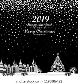 2019 Happy New Year greeting card. Christmas tree.  Celebration black background with Christmas Landscape, town, snow and place for your text. Vector Illustration 