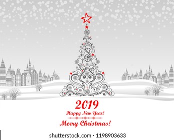 2019 Happy New Year greeting card. Christmas tree.  Celebration background with Christmas Landscape, Christmas balls and place for your text. Vector Illustration 