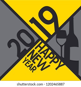 2019 Happy New Year greeting card. Numbers, bottle of Champagne and glass cutted from paper. Vector.