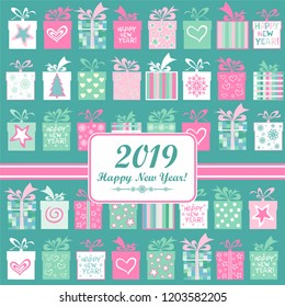 2019 Happy New Year. Greeting card. Celebration mint background with Christmas gift boxes, Christmas tree, star and place for your text. Art design celebrate party invitation template. Vector