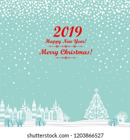 2019 Happy New Year greeting card. Christmas tree.  Celebration mint background with Christmas Landscape, Christmas balls and place for your text. Vector Illustration