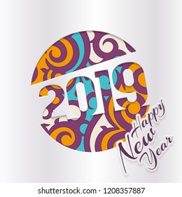 2019 Happy New Year greeting card with cut out numbers on patterned background. Vector.