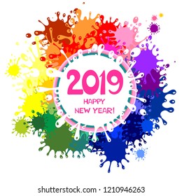 2019 Happy New Year greeting card isolated on White background. Vector illustration