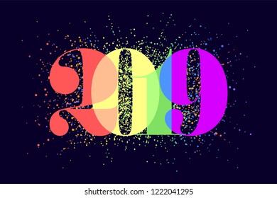 2019, Happy New Year. Greeting card with colorful rainbow year 2019. Greeting card, poster, banner for homosexual, gay pride and LGBT concept for Christmas, Happy New Year Holiday. Vector Illustration