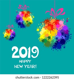 2019 Happy New Year greeting card . Watercolor paint splashes pattern, smear liquid stains splatter backdrop. Flyer design. Splash blot in bright colors. Vector illustration 