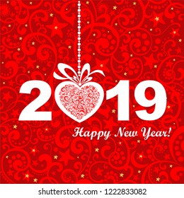 2019 Happy New Year greeting card. Celebration red background with heart,  number 2019 and place for your text. Vector Illustration