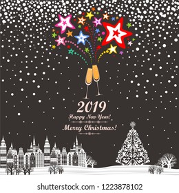2019 Happy New Year greeting card. Christmas tree. Celebration background with Christmas Landscape, Christmas tree, Two Glasses of champagne, firework and place for your text. Vector Illustration